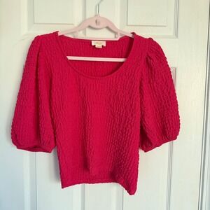 Maeve by Anthropologie Pink Textured Puff Sleeve Square Neck Cropped Top Size Sm